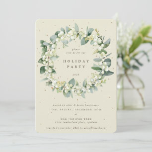 Cream Snowberry+Eucalyptus Wreath Holiday Party Invitation