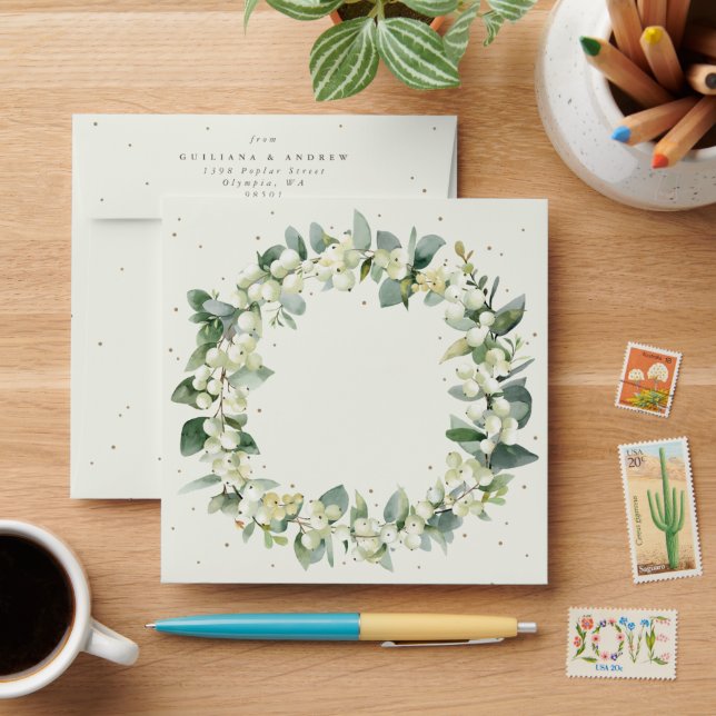 Cream Snowberry+Eucalyptus Wreath Square Envelope (Desk)