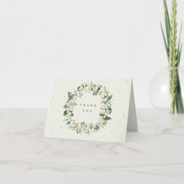 Cream Snowberry+Eucalyptus Wreath Wedding Note Thank You Card (Front)