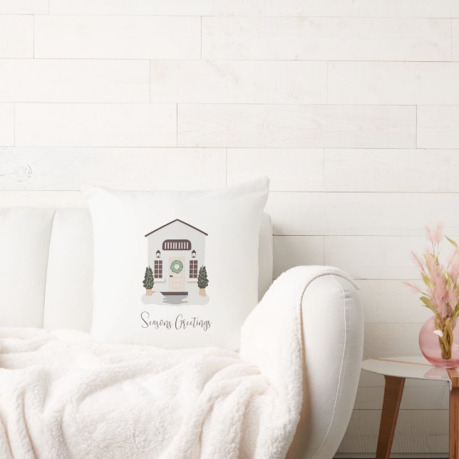 Cream Snowy House Christmas Cushion  (Couch)