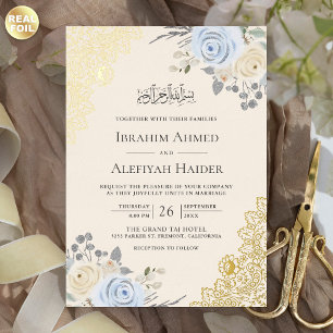 Cream Soft Blue Floral Gold Lace Muslim Wedding