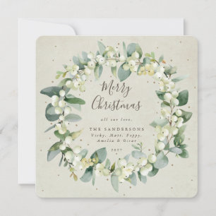 Cream Square Snowberry+Eucalyptus Christmas Wreath Holiday Card