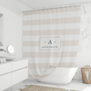 Cream Stripe Family Name & Monogram Shower Curtain