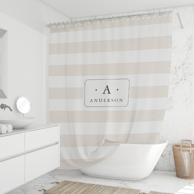 Cream Stripe Family Name & Monogram Shower Curtain (Creator Uploaded)