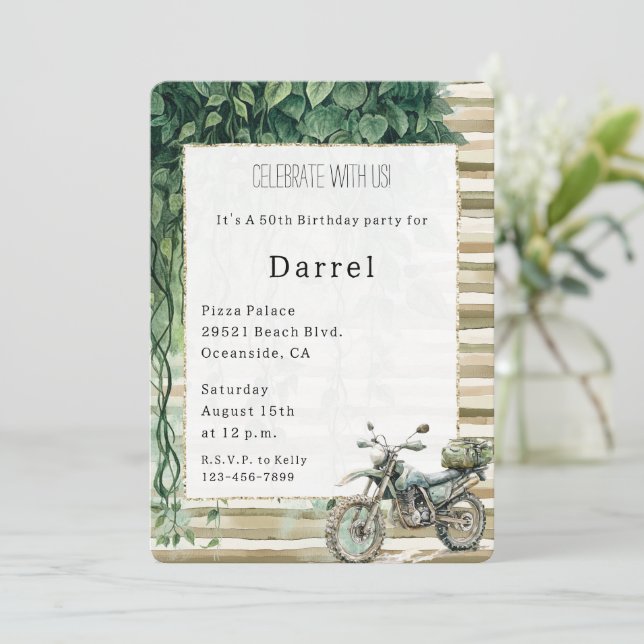 Cream Stripes Motorcycle Ivy Jungle Birthday   Invitation (Standing Front)