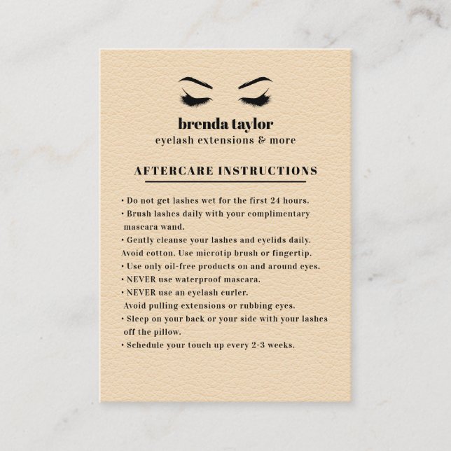 Cream Suede Eyelash Browbar Aftercare Instructions Business Card (Front)