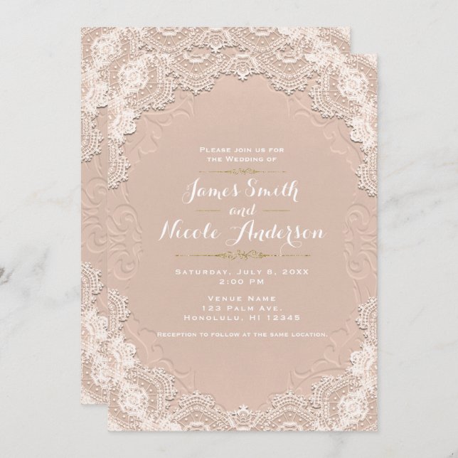 Cream Suede Leather Vintage Lace Western Wedding Invitation (Front/Back)