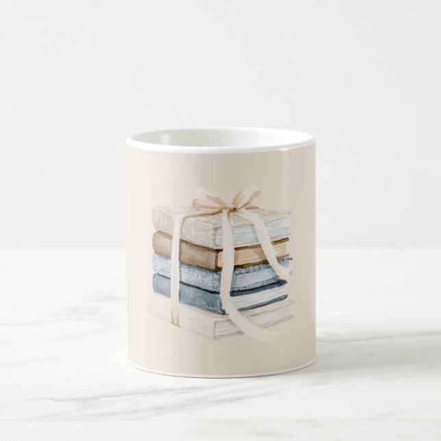 Cream Tan Blue Books Ribbon Bow Coffee Mug (Center)