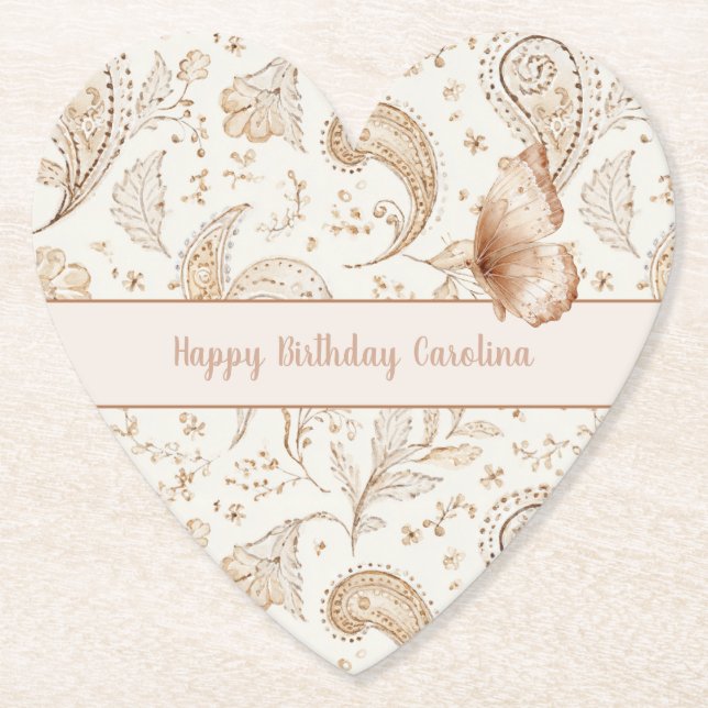 Cream Tan Boho Butterfly Birthday Paper Coaster (Front)