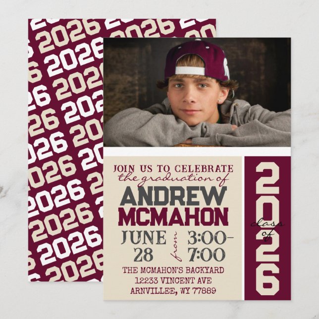 Cream Tan & Burgundy Graduation Photo Invitation (Front/Back)