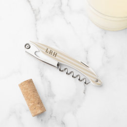 Cream Tan Stripe Vintage Tiny Initials Monogram Corkscrew