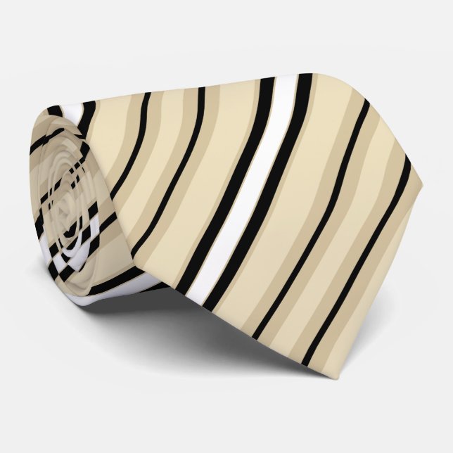 Cream Tan Taupe Beige Black Stripe Pattern Tie (Rolled)