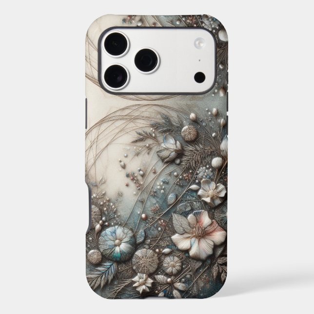 Cream Teal 3D Sculptural Botanical Floral  (Back)
