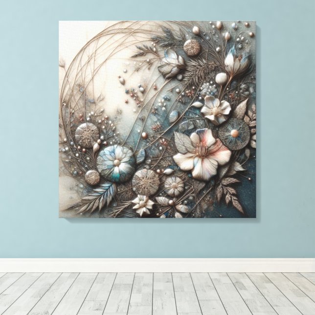 Cream Teal 3D Sculptural Botanical Floral Canvas Print (Insitu(Wood Floor))