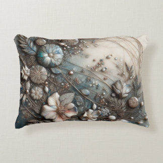 Cream Teal 3D Sculptural Botanical Floral Decorative Cushion