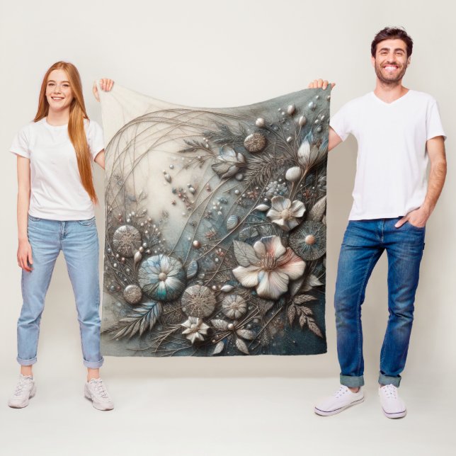 Cream Teal 3D Sculptural Botanical Floral Fleece  Blanket (In Situ)