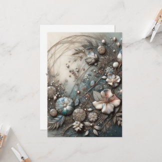 Cream Teal 3D Sculptural Botanical Floral Greeting Card