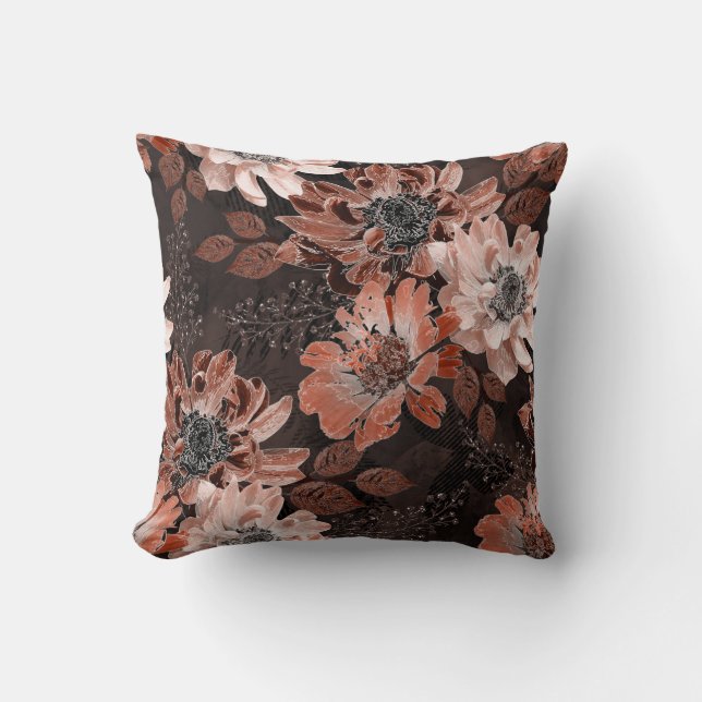 Cream, teracote flowers on a dark brown background cushion (Front)