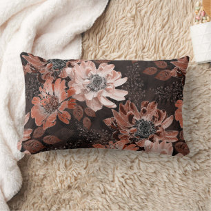 Cream, teracote flowers on a dark brown background lumbar cushion