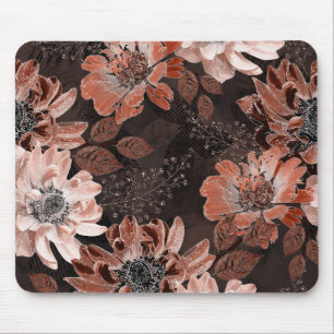 Cream, teracote flowers on a dark brown background mouse pad