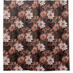 Cream, teracote flowers on a dark brown background shower curtain