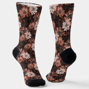 Cream, teracote flowers on a dark brown background socks