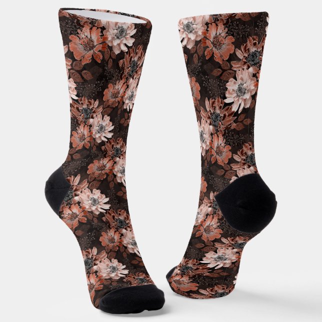 Cream, teracote flowers on a dark brown background socks (Angled)