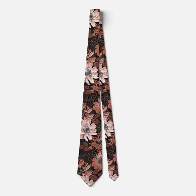 Cream, teracote flowers on a dark brown background tie (Front)