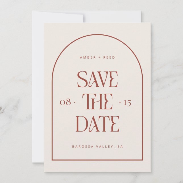 Cream & Terracotta Arch Retro Minimal Modern Font  Save The Date (Front)
