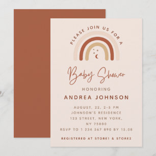 Cream & Terracotta Boho Rainbow Moon Baby Shower Invitation