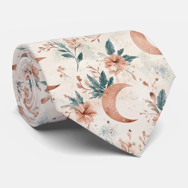 Cream Terracotta Crescent Moon Floral Celestial Tie (Rolled)