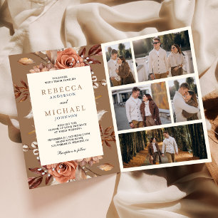 Cream Terracotta Floral QR Code Beige Tan Wedding Invitation