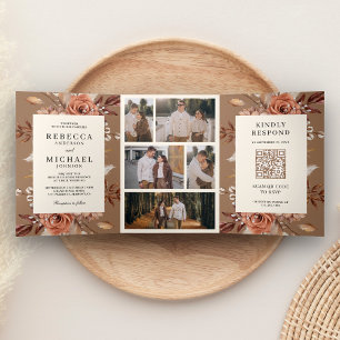 Cream Terracotta Floral QR Code Beige Tan Wedding Tri-Fold Invitation
