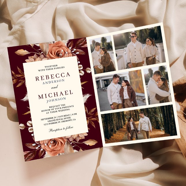 Cream Terracotta Floral QR Code Burgundy Wedding Invitation (Creator Uploaded)