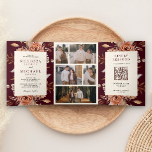 Cream Terracotta Floral QR Code Burgundy Wedding Tri-Fold Invitation