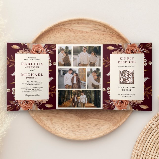 Cream Terracotta Floral QR Code Burgundy Wedding Tri-Fold Invitation (Creator Uploaded)