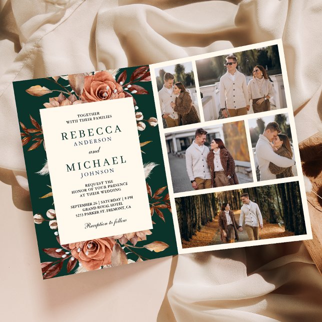Cream Terracotta Floral QR Code Emerald Wedding Invitation (Creator Uploaded)