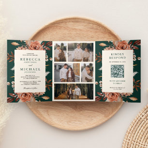 Cream Terracotta Floral QR Code Emerald Wedding Tri-Fold Invitation