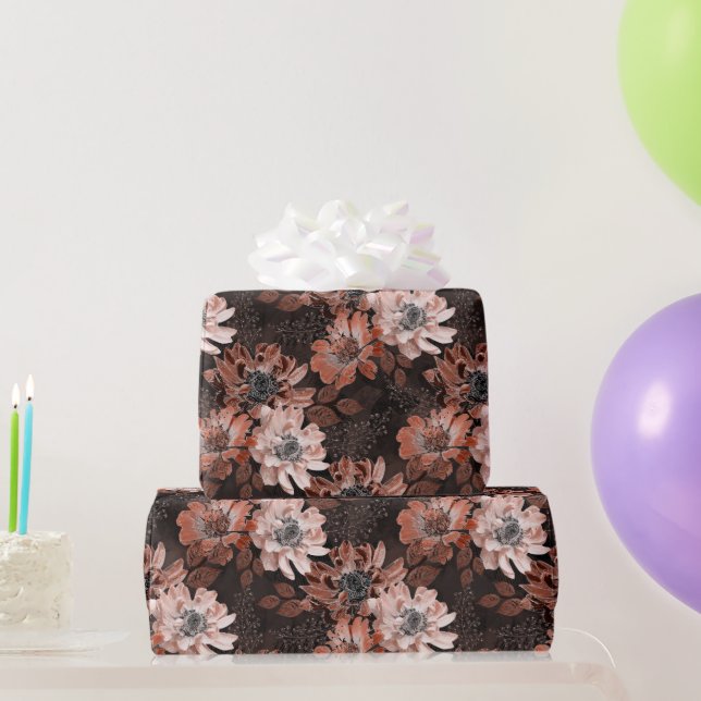 Cream, terracotta flowers on a dark brown  wrapping paper (Party Gifts)