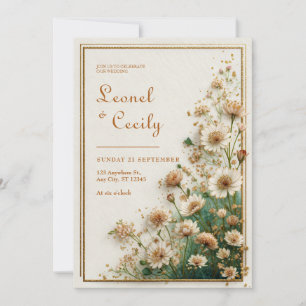 Cream Textured Gold Astrantia Wedding Invitation