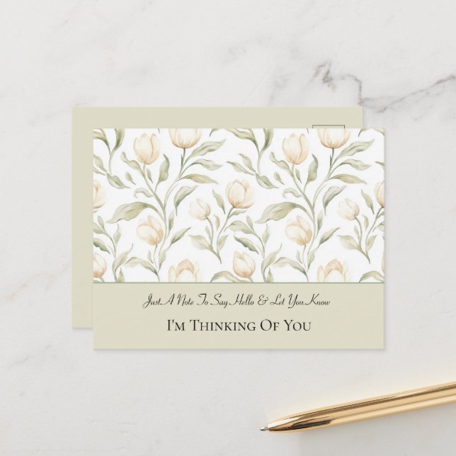 Cream Tulip Flowers Thinking of You Postcard (Front/Back In Situ)