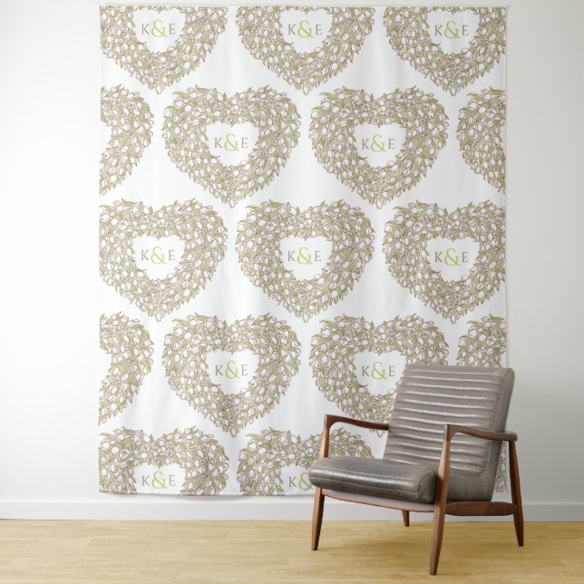 Cream tulips monogram wedding backdrop tapestry (In Situ)