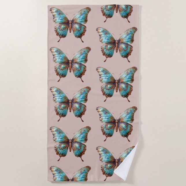 Cream Turquoise Blue Butterflies Beach Towel (Front)