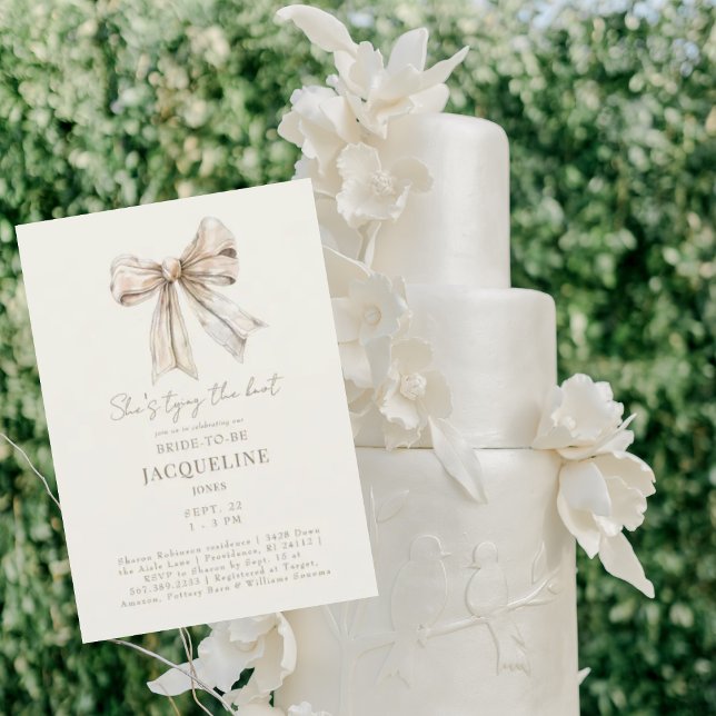 Cream Tying the Knot Bow Wedding Shower Invitation (Creator Uploaded)