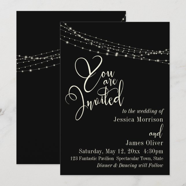 Cream Typography 32 on Black with Lights Wedding Invitation (Front/Back)