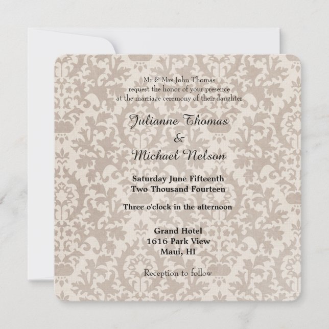 Cream Vintage Damask Wedding Invitation (Front)