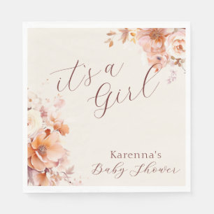 Cream Vintage Floral Fall It's a Girl Baby Shower Napkin