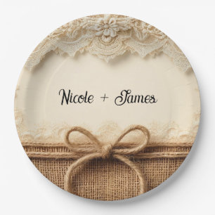 Cream Vintage Floral Lace Burlap Rustic Wedding Paper Plate