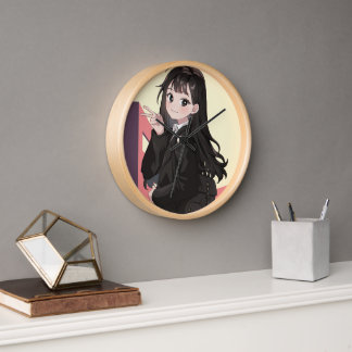 Cream Violet Pink Illustrated Anime Girl Phone Wal Clock