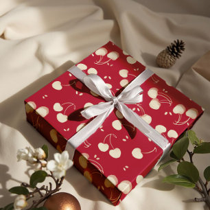 Cream Watercolor Cherries on Red – Valentine Wrapping Paper
